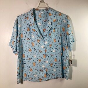 ED Ellen Degeneres Multi Cats Flowers Button PJ Top Blue XL NWT No Bottoms